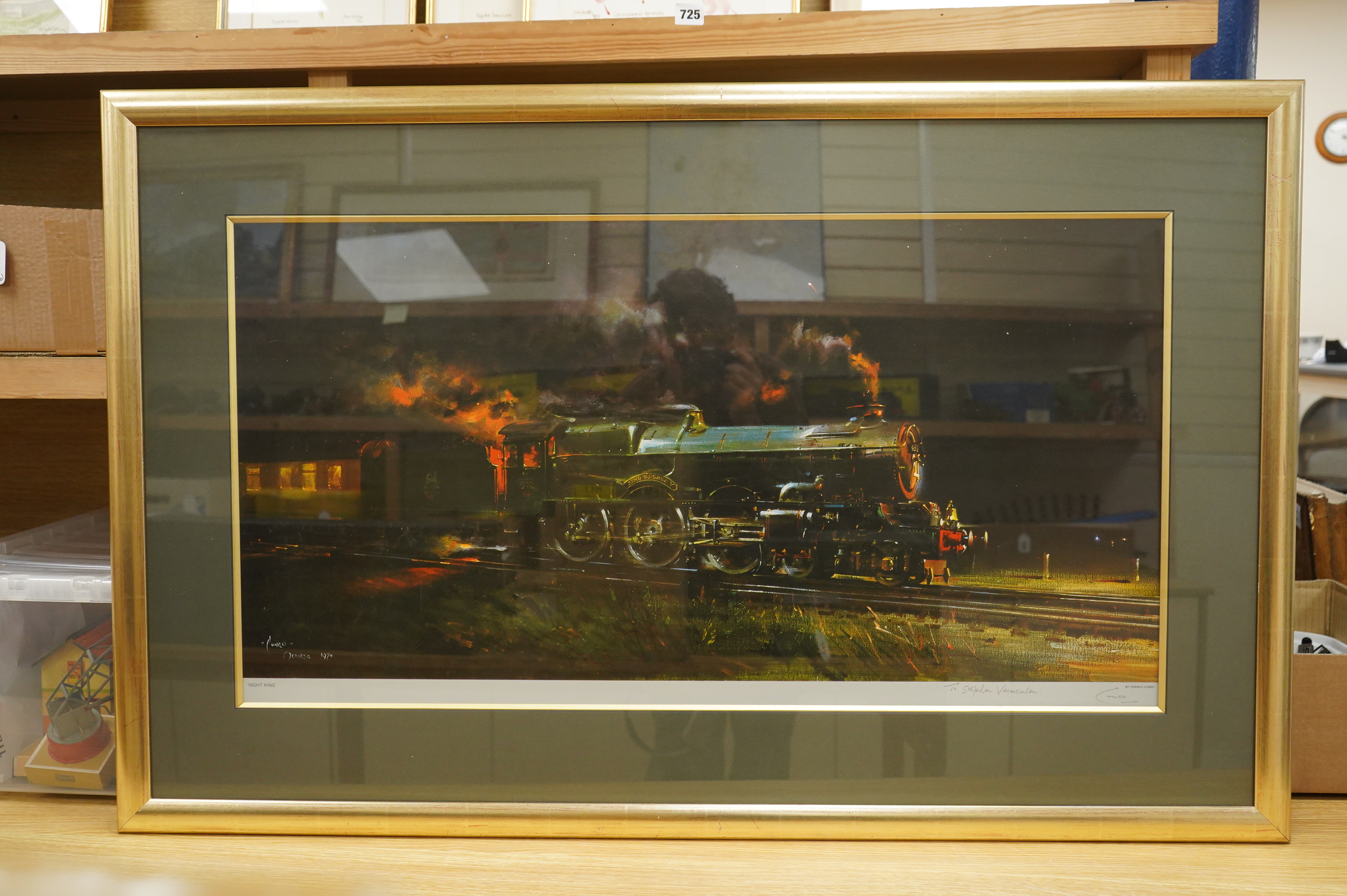 Terrence Cuneo, a signed framed railway print; ‘Night King’, of GWR King class 4-6-0 tender locomotive, King George V, running at night, signed in pencil with dedication within the margin, overall dimensions; 73.5 x 115.